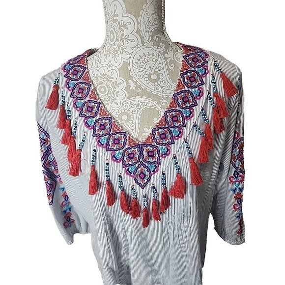 Chico's Peasant Embroidered Striped Blouse with Tassels Boho Women's Large - Picture 2 of 11